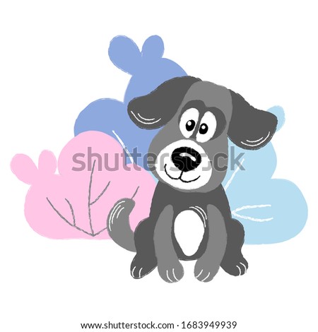 vector dog gray blue cute baby puppy pet with leaves floral  background card  illustration for textile childish posters
