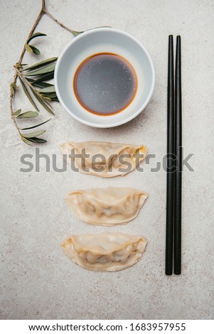 Stock photo of gyoza, Japanese food with chopsticks and soy sauce decorated with olive leaf, on gray slab.