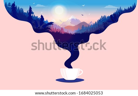 Morning coffee - Coffee cup with steam and a beautiful sunrise in a landscape with forest, mountains and blue sky. Good morning, and taking a break concept. Vector illustration. Royalty-Free Stock Photo #1684025053