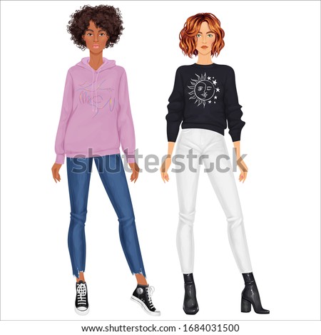 Two beautiful yound women. Dress up female paper dolls, ready for cut out and play. All clothes removable and mixable. Isolated vector illustration.