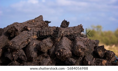 Irish Turf (Peat) - Traditional fuel for the fireplace, ranges and stoves. Royalty-Free Stock Photo #1684056988