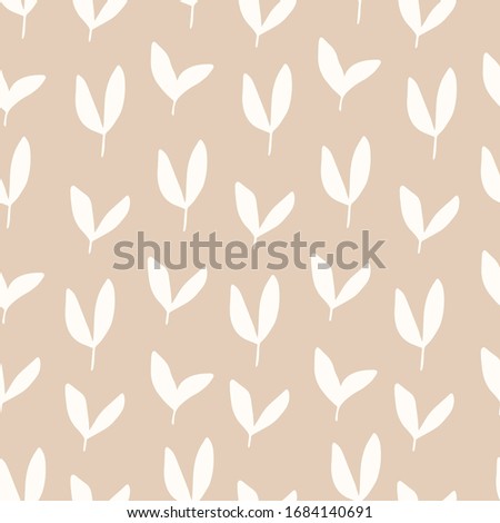 Flat vector seamless pattern. White leaf shapes on beige background. Modern drawing. Creative print, wallpaper, t shirt design element. Scandinavian style