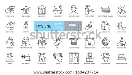 Hygiene icons. Set of 29 images with editable stroke. Includes hygiene of hands, body, premises, clothing, bedding. Hand washing with soap, shower, respiratory mask, antiseptic, quarantine, distance Royalty-Free Stock Photo #1684237714
