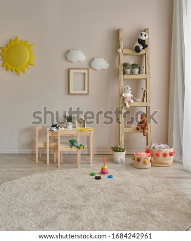 Baby room object wooden detail style, pink chair, stair and toy.