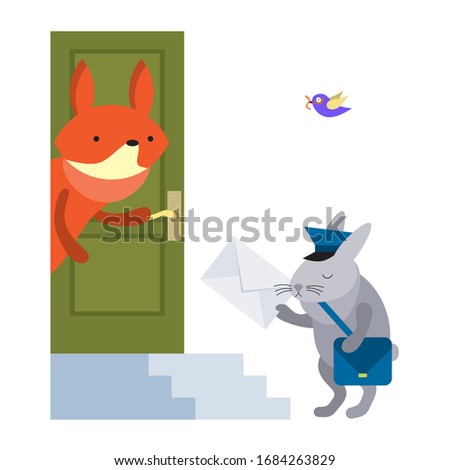 Cute funny cartoon happy little postman rabbit brings a letter to a red fox
