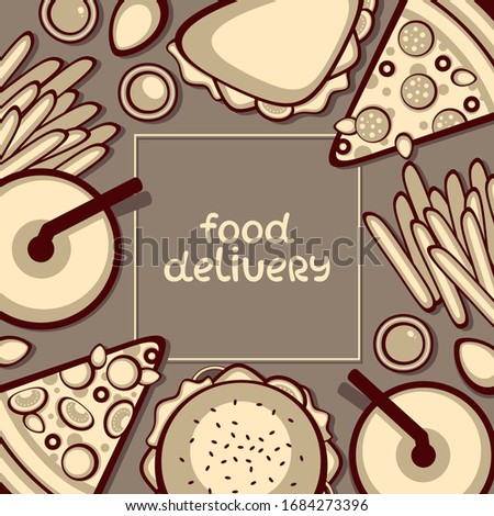 Vector frame with Fast Food. Illustration with cola, hamburgers, sandwiches, french fries and pizza slice. Design for food delivery menu and logo. Monochrome vintage Illustration. 