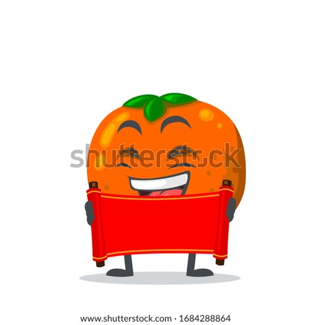 vector illustration of mascot or orange fruit character holding blank red scroll