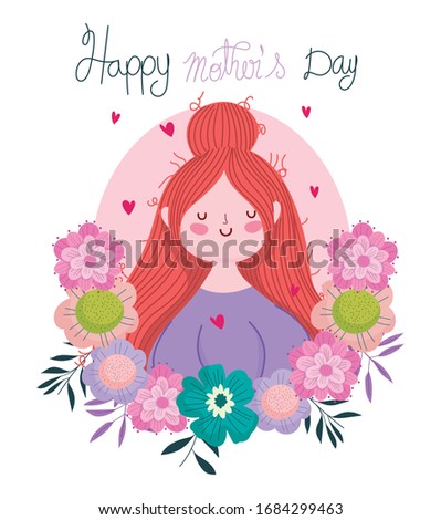 happy mothers day, woman flowers delicate handwriting lettering vector illustration