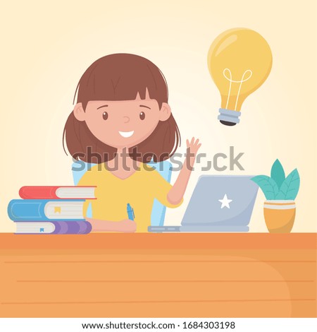 education online student girl in desk with laptop books and plant vector illustration