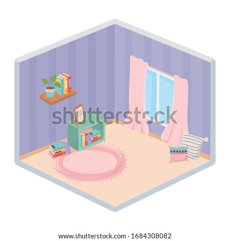 sweet home cushions bookcase frame window carpet vector illustration isometric style