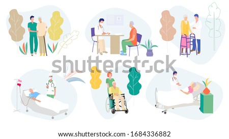 Elderly people and pensioners are hospitalized in quarantine, treated in the hospital, make a drip, injections, take pills, sit on a wheelchair, doctors care. Vector set. Vector, EPS 10 Royalty-Free Stock Photo #1684336882