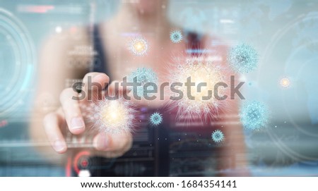 Woman on blurred background analyzing coronavirus with digital holographic projection close-up 3D rendering