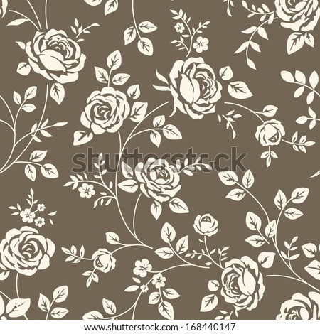 Seamless floral pattern with vintage rose silhouette on brown background. Vector wallpaper with blooming flowers and leaves Royalty-Free Stock Photo #168440147