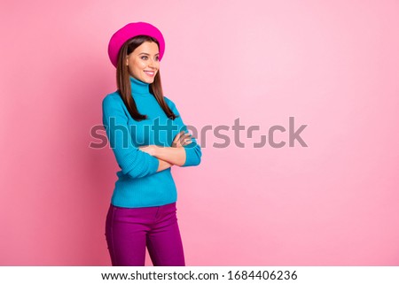 Profile side view portrait of her she nice-looking attractive lovely brown-haired content cheerful cheery girl folded arms weekend look isolated over pink pastel color background
