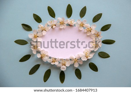Creative layout with green leaves and spring flowers of a fruit tree on a blue background. Spring frame background. The concept of spring flowers. Flat lay, copy space.