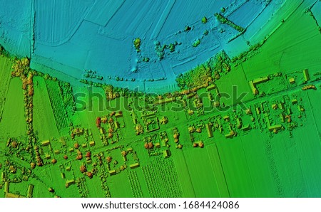 Digital elevation model. GIS product made after proccesing aerial pictures taken from a drone. Shows the urban area of the scattered village Royalty-Free Stock Photo #1684424086