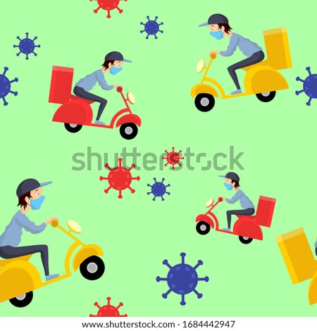 Vector pattern with masked food deliveryman and virus on a green background