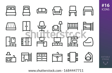 Furniture outline icons set. Set of home furniture, loft table, double bed, bedding mattress, bean bag chair, tv stand, hallway furniture, wardrobe closet,  rattan swing chair isolated vector icon Royalty-Free Stock Photo #1684447711