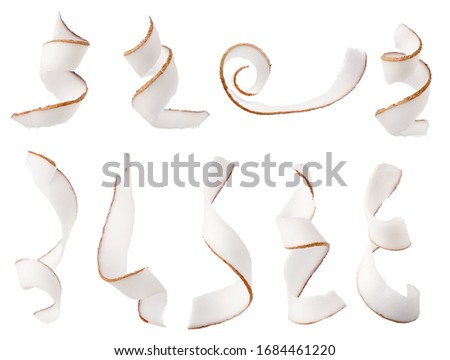 Coconut fruit spiral curl piece set isolated on white background Royalty-Free Stock Photo #1684461220