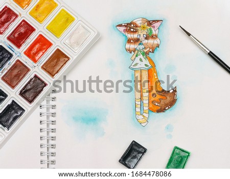Cute watercolor fox girl stock illustration painted in sketchbook