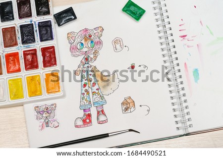 Cute watercolor fox girl stock illustration painted in sketchbook 