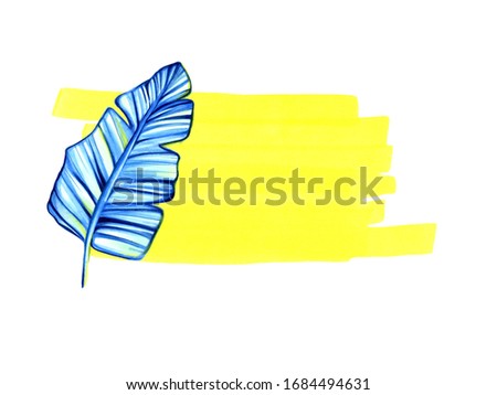  Yellow background with a tropical leaf and space for your text, contrasting color combination. Illustration drawn with a marker isolated on a white background. Use as a label, postcard.
