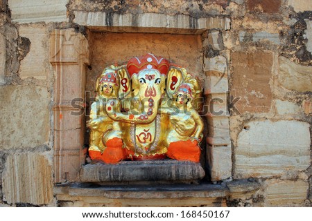 Lord Ganesha Sculpture on wall in Meera Temple at Chittorgarh Fort. Rajasthan. India.