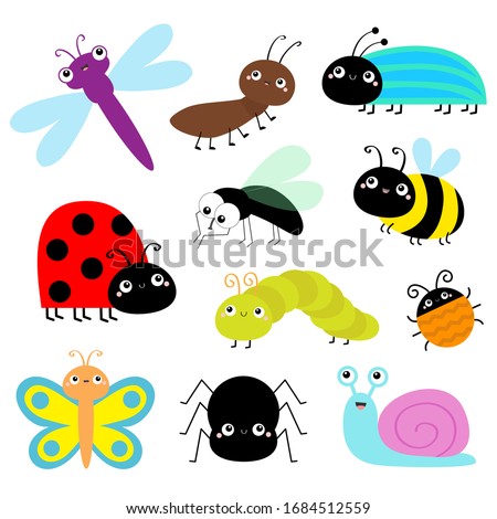 Insect icon set. Lady bug Caterpillar Butterfly Bee Beetle Spider Fly Snail Dragonfly Ant Lady bird. Cute bugs. Cartoon kawaii funny doodle character. Flat design. White background Vector illustration
