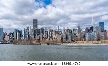 Shots of the New York manhattan skyline during daytime shot on a ferry on the hudson river