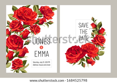 Wedding invitation card. Frame with text and flowers - red Roses on white background.