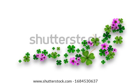 four green good luck clover Shamrock leaf with pink flower spring Saint St. Patrick background
