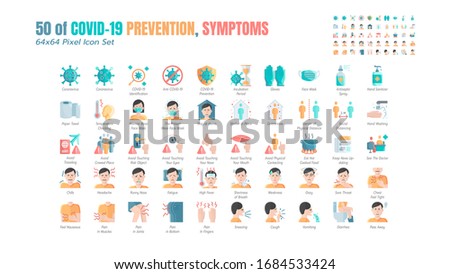 Simple Set of Covid-19 Prevention Flat Icons. such Icons as Protective Measures, Coronavirus, Hygienic Healthcare, Social Distancing, Hands Washing, Symptoms, Quarantine, Stay at Home. 64x64 Pixel. Royalty-Free Stock Photo #1684533424