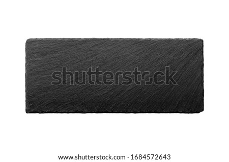 Rectangular narrow stone cheese Board on an empty white background, top view, with good texture, serving Board, for serving food, front view Royalty-Free Stock Photo #1684572643
