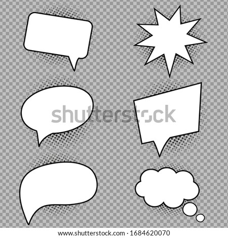 Collection of comic speech bubble with halftone shadow. Design elements for communication, thinking. Chat bubble for website. Set of thinking bubble in vintage style on isolated background. EPS 10.