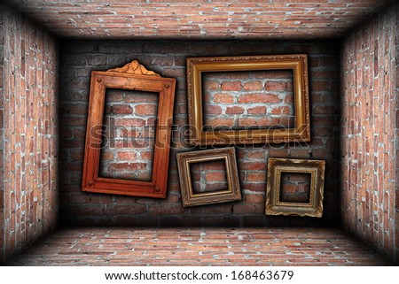 vintage room interior backdrop with ancient empty wood frames ready for your design