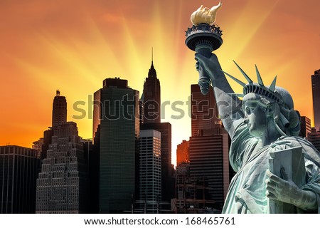 Symbols of New York. Manhattan Skyline and The Statue of Liberty, New York City