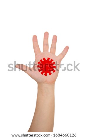 Hand coronavirus. Hand with painted on the palm  red paint symbol coronavirus covid-19. The fight against coronavirus. Dirty hands concept. Isolated on a white background.