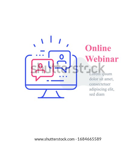 Webinar concept, online course, distant education, video lecture, internet group conference, training test, work from home, easy communication, vector line icon Royalty-Free Stock Photo #1684665589
