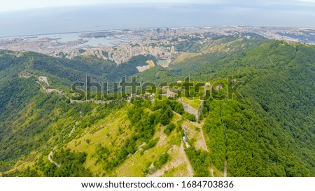 Genoa, Italy. Forte Sperone is a key point of the 19th-century Genoese fortifications and is located on top of the Mura Nuove. View of Genoa, Aerial View  