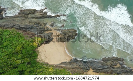 Aerial view of a small untouched beach in Bahia, Brazil with Palm trees and forest by the coast.