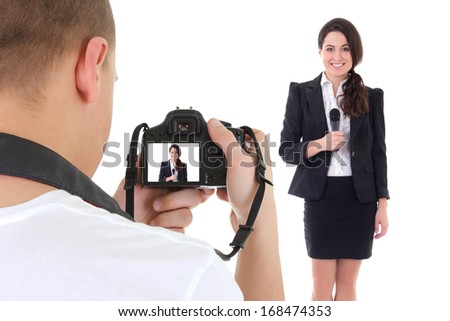 operator with camera and female reporter with microphone isolated on white background