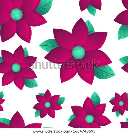 Hand drawn seamless pattern vector of purple flowers and green leaves. Spring colored floral doodle illustration for design cards, invitations, wallpaper, wrapping paper, fabric, textile, packaging