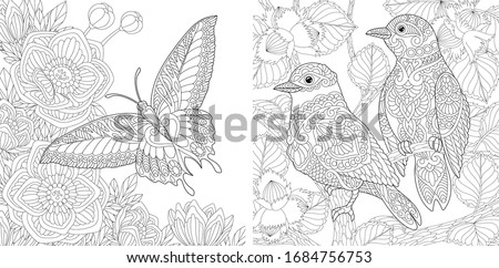 Adult coloring pages. Beautiful wild nature with birds and butterfly. Line art design for antistress colouring book in zentangle style. Vector illustration. Royalty-Free Stock Photo #1684756753
