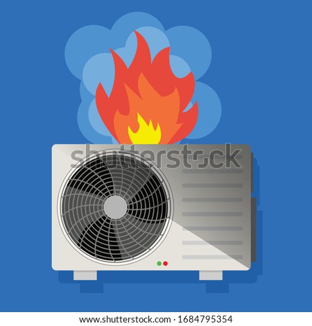 air conditioning is burning, fire damaged air conditioning.Conceptual vector illustration in flat style design.Isolated on background.