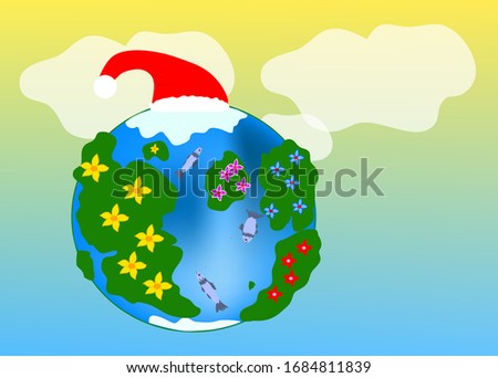 Earth day illustration, green planet with oceans, green continents with flowers, oceans with fish, on the blue and yellow background, clouds
