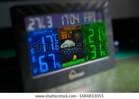 Weather station with color display, displays indoor and outdoor temperature and humidity Royalty-Free Stock Photo #1684833055