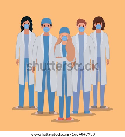 Men and women doctors with uniforms masks and glasses design of Medical care health emergency aid exam clinic and patient theme Vector illustration