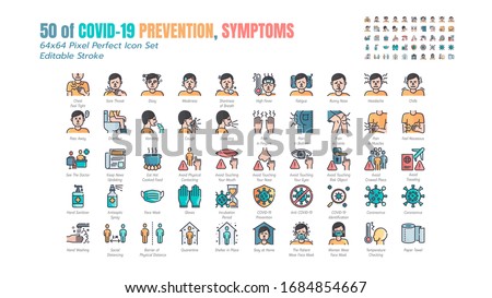 Simple Set of Covid-19 Prevention Filled Outline Icons. such Icons as Protective, Coronavirus, Social Distancing, Symptoms, Quarantine, Stay at Home, Hand Washing 64x64 Pixel Perfect. Editable Stroke. Royalty-Free Stock Photo #1684854667