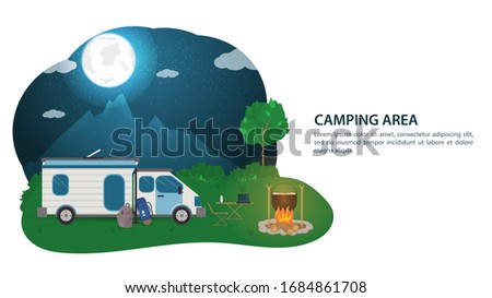 Banner, for the design of summer camping, tourist car house on wheels, stands near the fire, against the background of night mountains with the moon, vector flat illustration