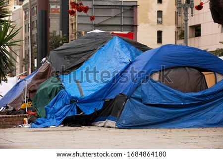 A homeless encampment on the streets of Downtown Los Angeles. Royalty-Free Stock Photo #1684864180